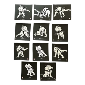 Mid Century 60s Japanese Sumo Wrestling Techniques Paper Cut Art Portfolio Set of Eleven (11) Black White Unframed Signed Vintage