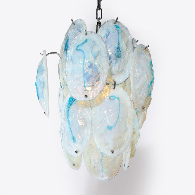 Mid-Century Hand-Blown Murano Opalescent & Cerulean Detail Glass Chandelier For Sale - Image 4 of 18