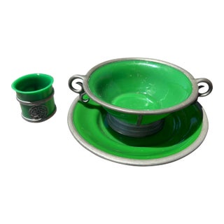 Green Peking Glass Cup and Saucer and Small Cup Encased in Pewter Circa 1890-1921 For Sale