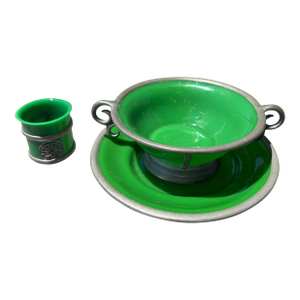 Green Peking Glass Cup and Saucer and Small Cup Encased in Pewter Circa 1890-1921