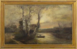 European School Artist, Landscape with Boat, Oil on Canvas