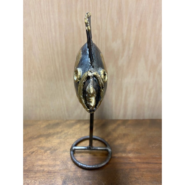 Cool mid century modern brutalist brass and metal fish sculpture in the style of the Emaus Benedictine Monks studio. A...