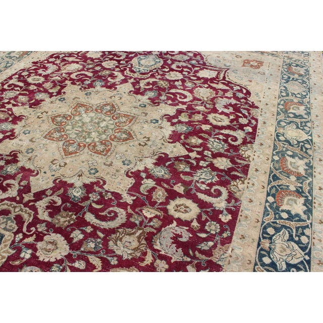 Layered Floral Medallion Antique Persian Mashad Rug in Red, Blue and Cream For Sale - Image 10 of 13