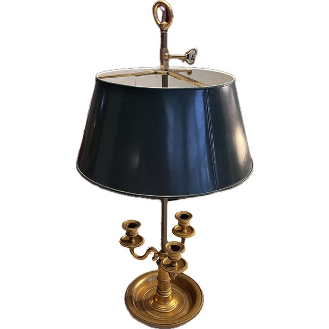 Traditional Maison Millet a Paris Bronze Bouillotte Late 19th Century With Three Candelabra Lamps Forest Green Shades - A Pair For Sale - Image 3 of 11