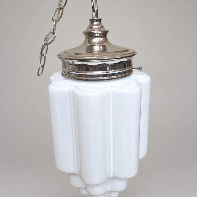 Art Deco Art Deco Skyscraper Milk Glass Pendant Light, Large 22" Hardwired Ceiling Fixture New Wiring For Sale - Image 3 of 16
