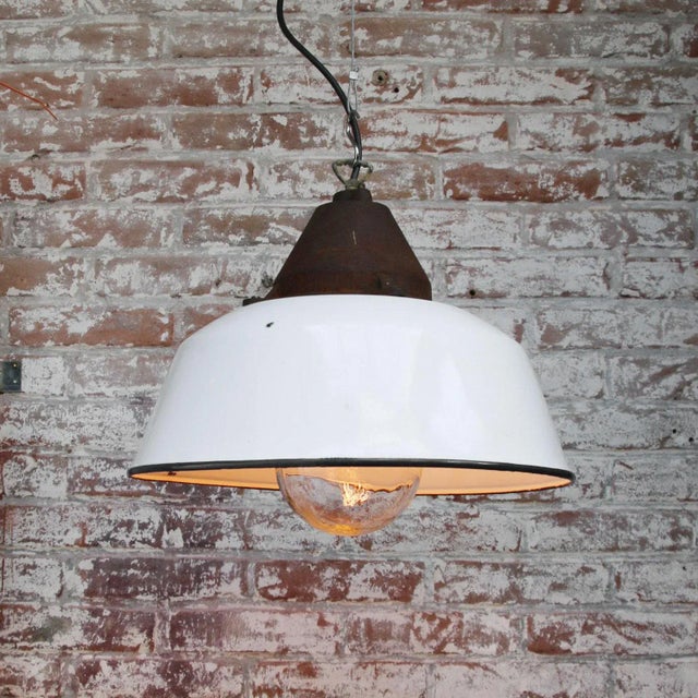 Industrial White Enamel, Cast Iron & Glass Pendant Lamp, 1950s For Sale - Image 4 of 6