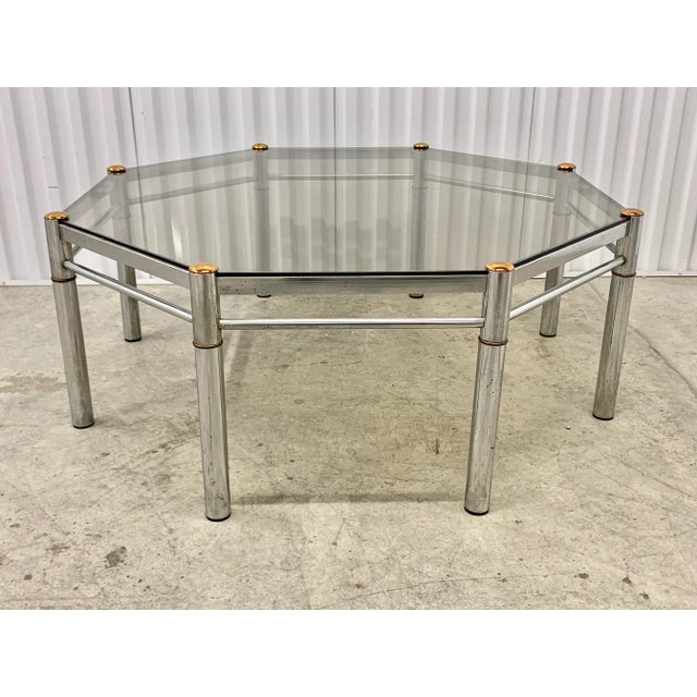 Vintage Hollywood Regency Smoked Glass and Chrome Octagon Coffee Table For Sale - Image 10 of 10