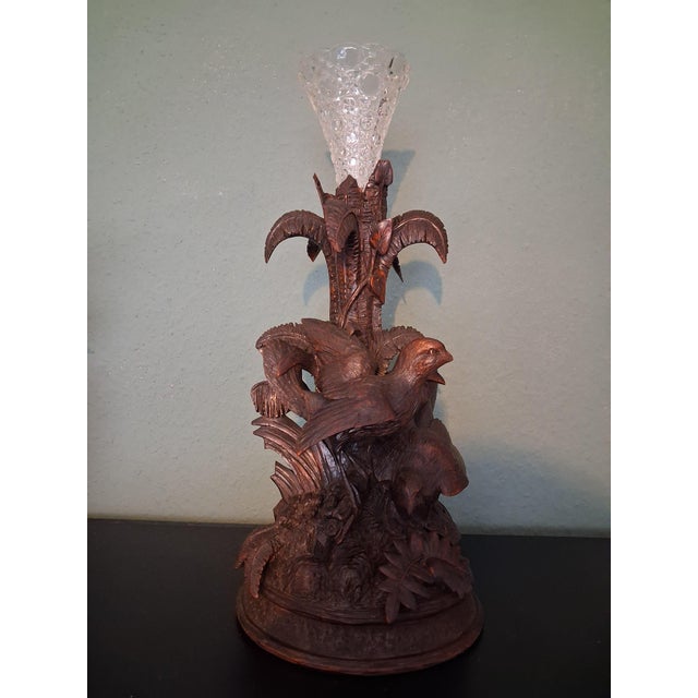 Antique Black Forest Vase Holder with Two Birds and Crystal Vase, 1915 For Sale - Image 6 of 6