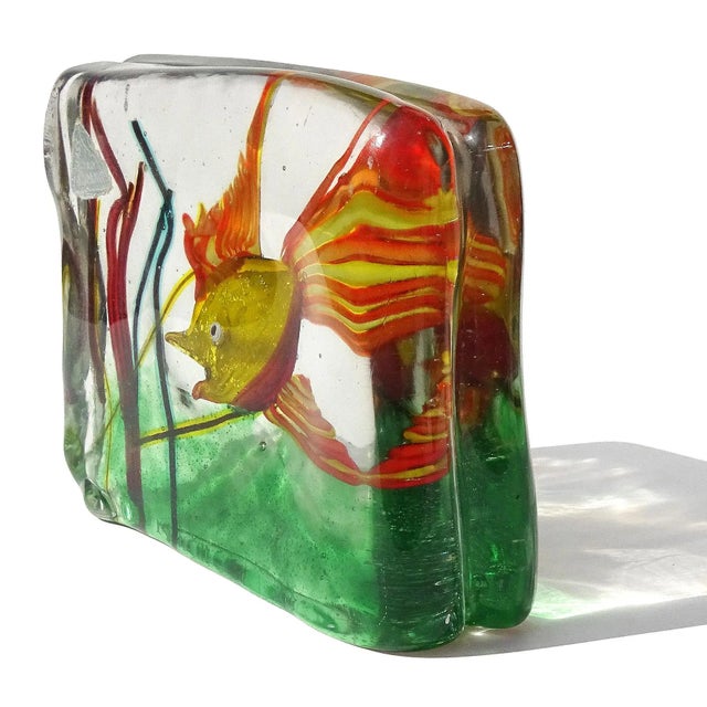 Beautiful vintage Murano hand blown red-orange, yellow and silver flecks Italian art glass fish aquarium sculpture block....