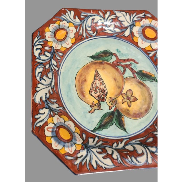 Italian Late 20th Century Italian Majolica Hand Painted Floral Good Luck Pomegranate Platter Wall Hanging For Sale - Image 3 of 10