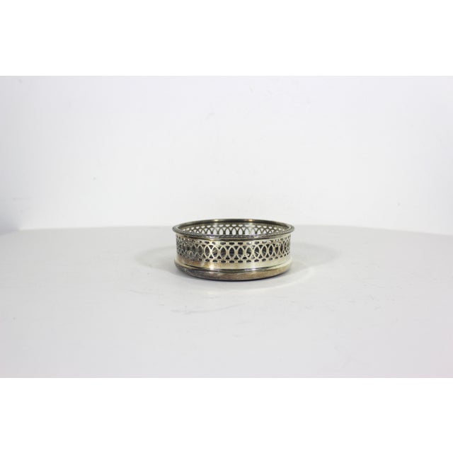 English Vintage Silver Plated Wine Coaster With Wood Base and Pierced Sides, Bottle Holder, Shelf Decor, Entertaining Style, Patina For Sale - Image 3 of 8