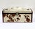 Circa 1940s cowhide trunk, top is decorated with tacks, a heart and "B R10". Inside has original tray covered with bunnies...