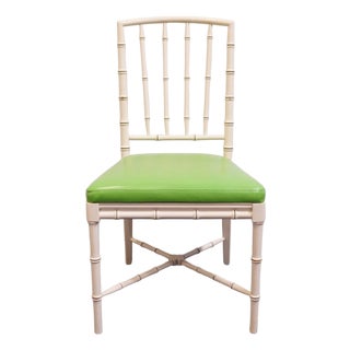 Drexel / Champion International Hollywood Regency Ivory Faux Bamboo Accent Side Chair W. Lime Green Upholstered Seat 752-811 For Sale