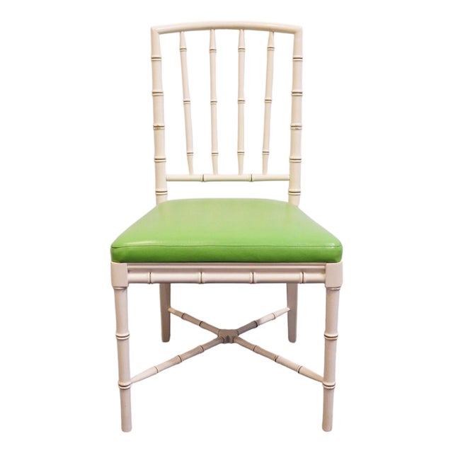 Drexel / Champion International Hollywood Regency Ivory Faux Bamboo Accent Side Chair W. Lime Green Upholstered Seat 752-811 For Sale