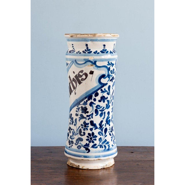 18th Century Spanish Blue & White Albarello Jar For Sale - Image 4 of 12