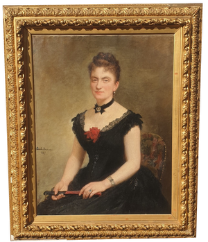 Camille Deschamps, Portrait of Woman in Black Dress, 19th Century, Oil on Canvas, Framed