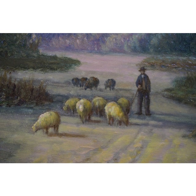 L Stepano European 20thC Pastoral Landscape Oil Painting Sheep Farm Cottage 42" For Sale - Image 4 of 12