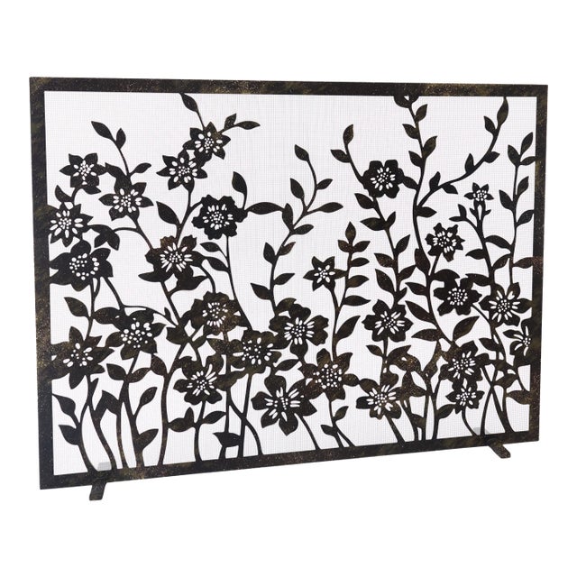 Gold Rubbed Black Lacey Floral Fireplace Screen For Sale