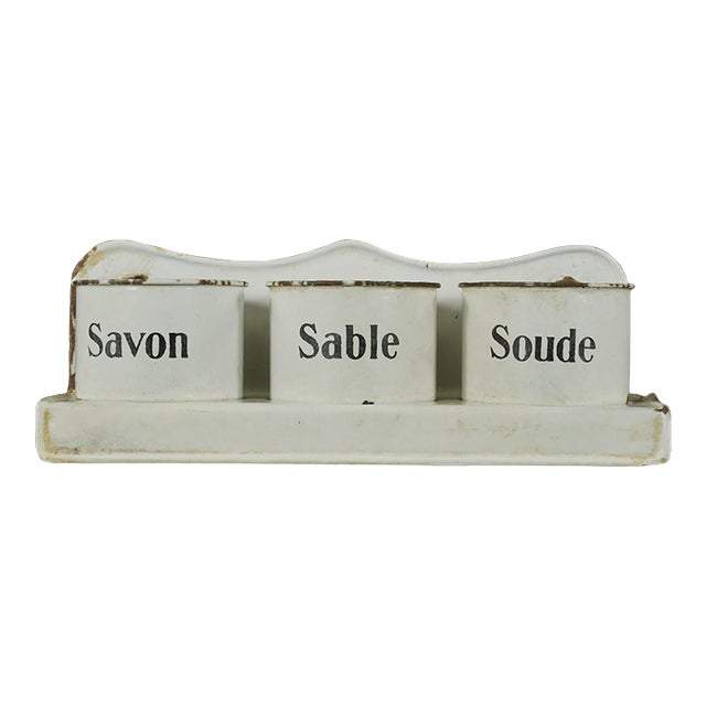 Vintage French Savon, Sable, & Soude Washbasin Wall Set For Sale