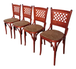 Vintage Italian Bistro Chairs in Reddish Wood and Brown Fabric, 1970s, Set of 4