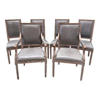 Set of 6 Restoration Hardware French Square Back Leather Dining Chairs For Sale