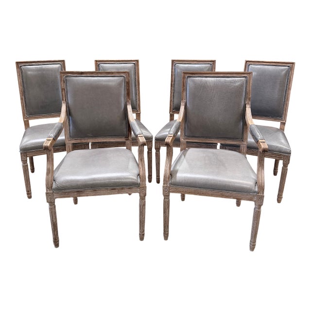 Set of 6 Restoration Hardware French Square Back Leather Dining Chairs For Sale