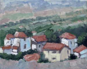 Italy, Red Roofs, Contemporary Landscape Oil Painting
