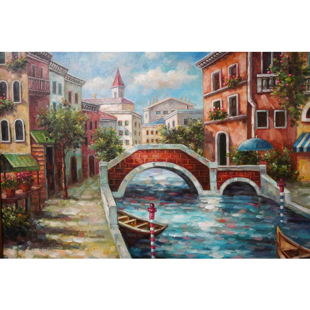 Vicentini Artist Signed Venice Canal Framed Oil Painting on Canvas For Sale - Image 9 of 11