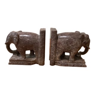 Pair of Hand Carved Elephant Marble Sculpture Bookends Art Deco Style Circa 1950 For Sale