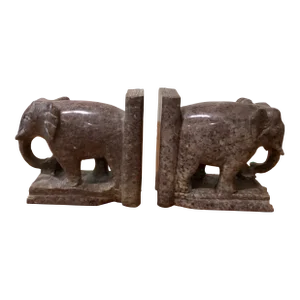 Pair of Hand Carved Elephant Marble Sculpture Bookends Art Deco Style Circa 1950