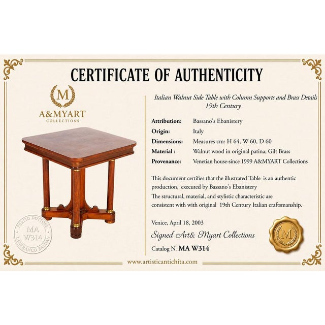 Mid 19th Century Antique Italian Walnut Side Table with Column Supports and Brass Details, 1850 For Sale - Image 5 of 6