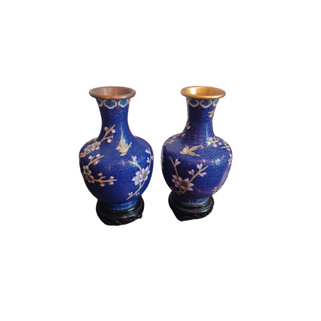 Vintage Pair of Blue Cloissone Vases With Stands For Sale - Image 4 of 5