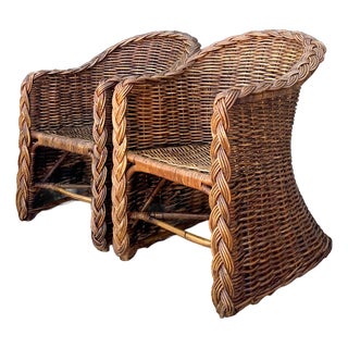 Vintage Woven Rattan Lounge Chairs - Pair For Sale