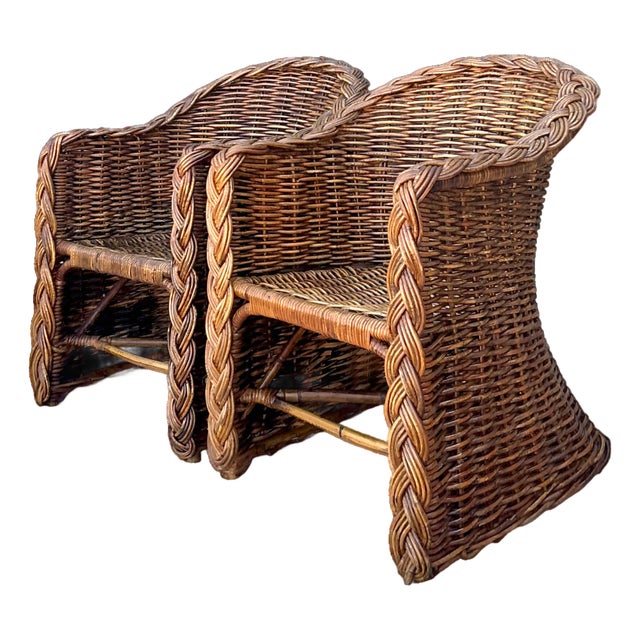 Vintage Woven Rattan Lounge Chairs - Pair For Sale