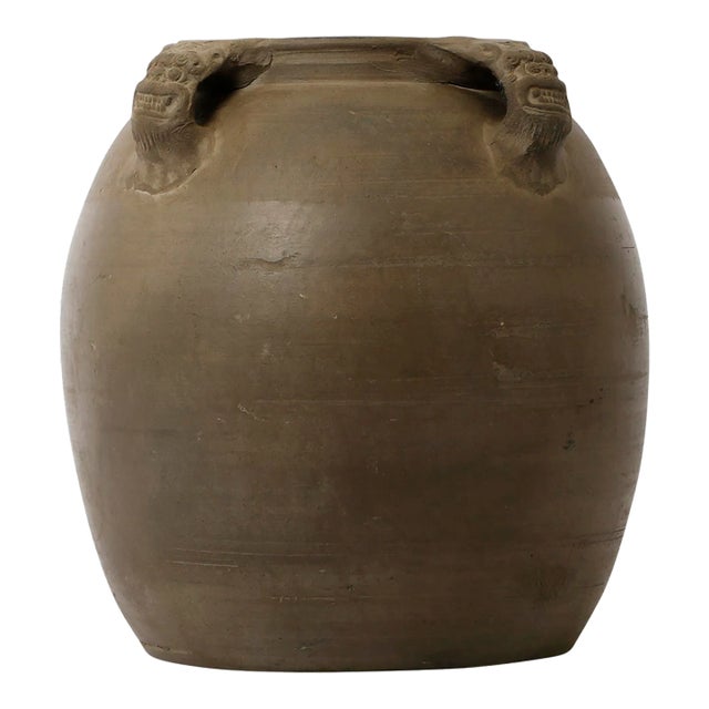 Early 20th Century Vintage Gray Ceramic Pottery Vase With Four Lion Handles For Sale