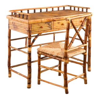 Petite Desk & Chair Set, Brown, Rattan For Sale