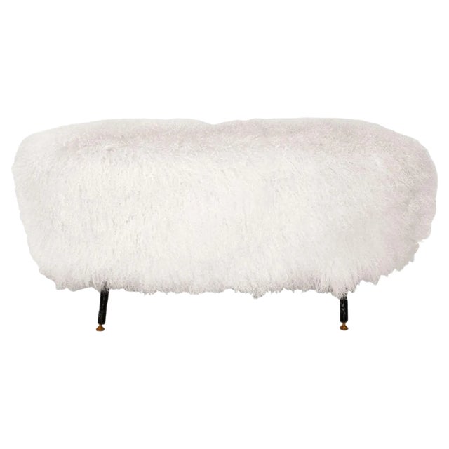 Mid-Century White Mongolian Goat Fur, Wood and Metal Italian Footstool For Sale