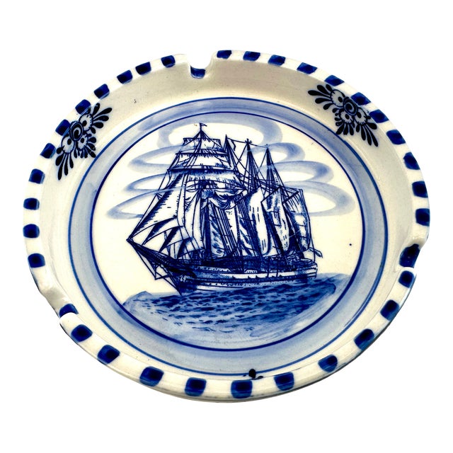 Vintage Royal Delft Blue and White Nautical Ship Catchall Ashtray For Sale