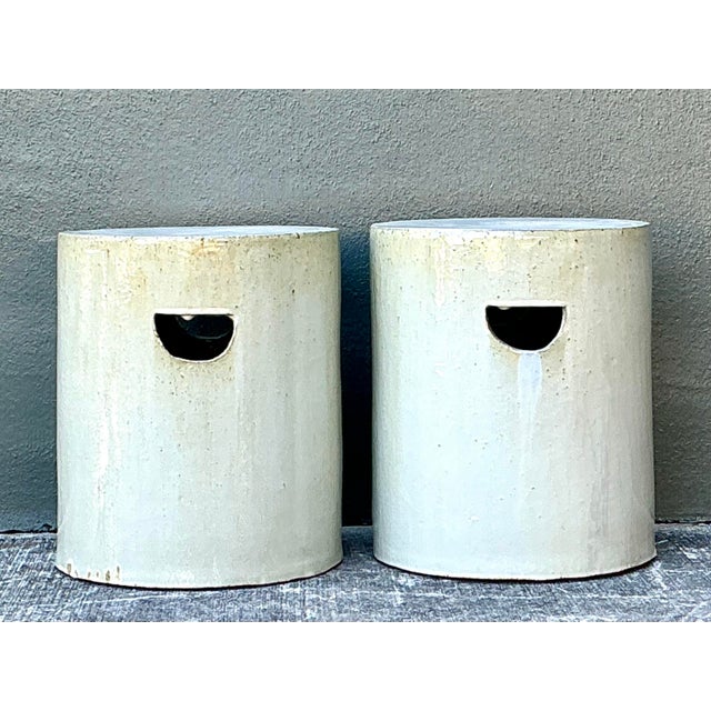 Vintage Glazed Ceramic Cylinder Garden Stools - A Pair For Sale - Image 11 of 12