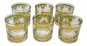 Vintage Georges Briard Set of Six Rock Glasses Green and Gold