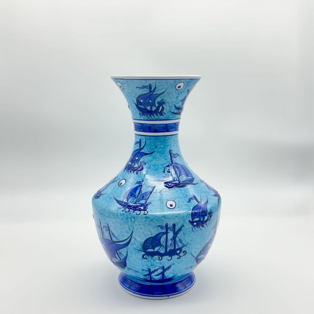 Handmade Ceramic Vase (30cm) – Ottoman Galleon Ships & Evil Eye Pattern – Nautical Iznik Art For Sale - Image 6 of 8