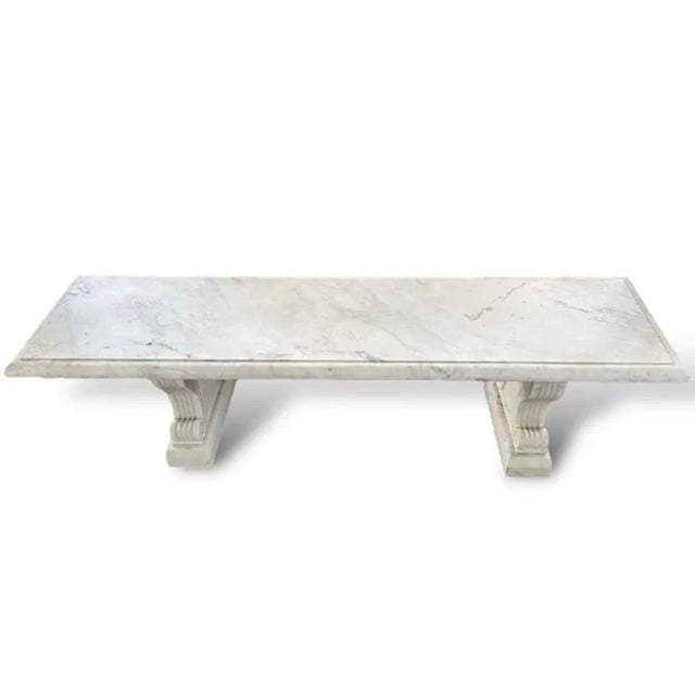 Neoclassical Italian Neoclassical Carved White Marble Bench With Scroll Pedestal Legs For Sale - Image 3 of 11