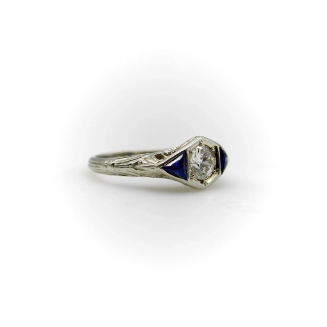 Art Deco 14k White Gold Diamond and Sapphire Ring, Size 4.5 For Sale - Image 4 of 10