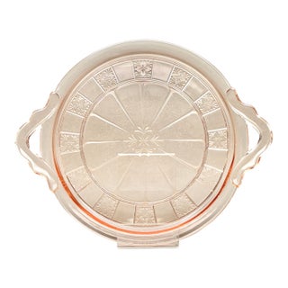 Vintage Pink Depression Glass Handled Cake Plate in Federal Glass Rosemary Pattern For Sale