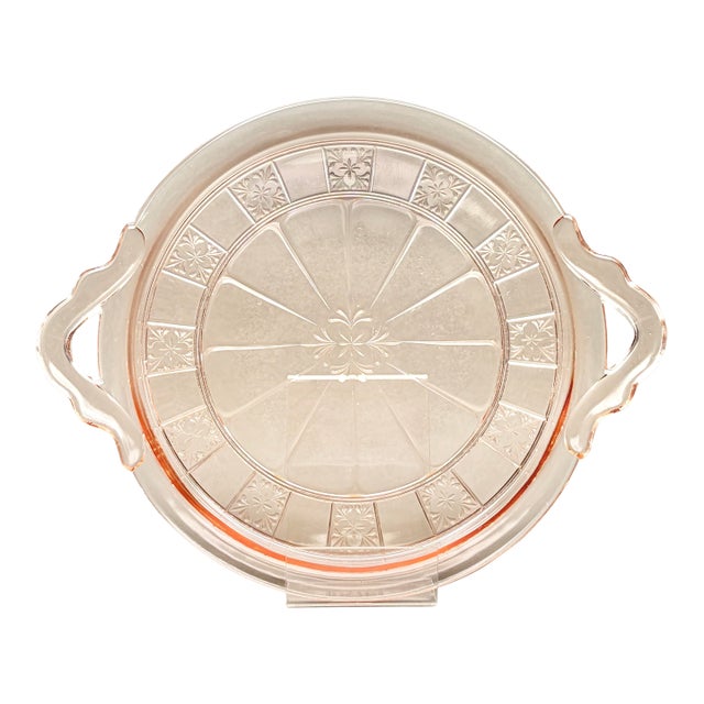 Vintage Pink Depression Glass Handled Cake Plate in Federal Glass Rosemary Pattern For Sale