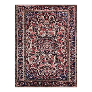 Vintage Malayer Rug, Hand-Knotted Wool, Floral Pattern, 5x7, Ivory & Navy For Sale