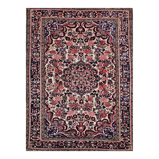 Vintage Malayer Rug, Hand-Knotted Wool, Floral Pattern, 5x7, Ivory & Navy For Sale