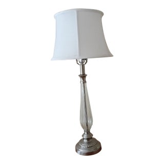 Transitional Silver & Ribbed Glass Table Lamp With Classic White Shade For Sale