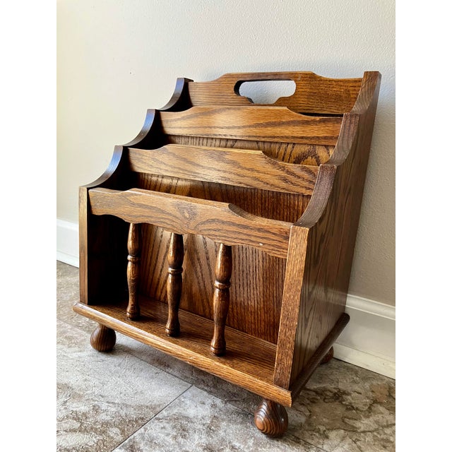 Vintage Leick Furniture Solid Oak 3-Tier Magazine Rack & Record Caddy For Sale - Image 4 of 15