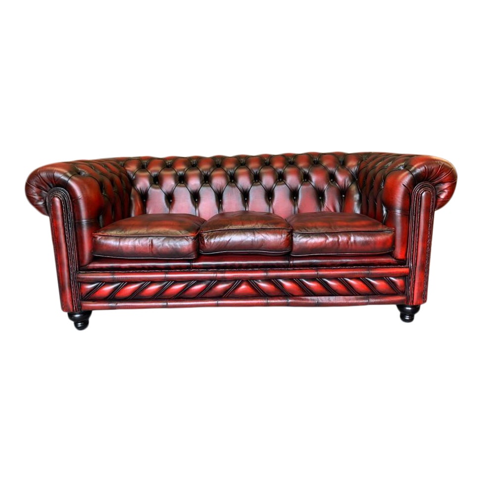 Vintage MidCentury Scottish Leather Chesterfield 3 Seat Sofa, Oxblood